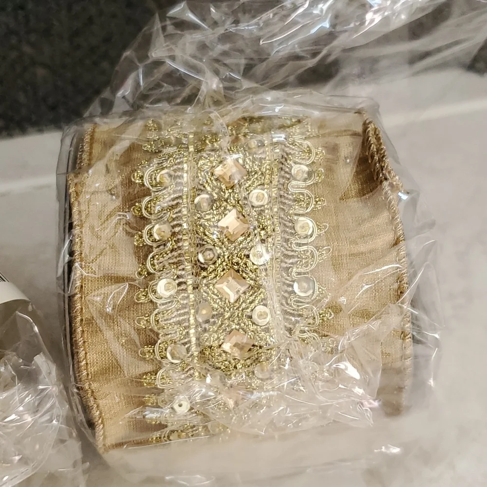 💛💫 FRONTGATE ROYAL JEWELED GOLD FAUX SILK RIBBON GARLAND 💫💛